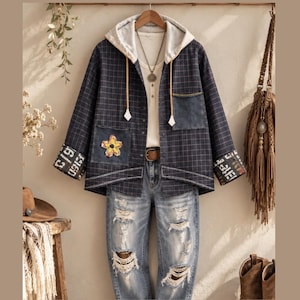 Könnte beinhalten: Eine dunkelblaue karierte Kapuzenjacke mit hellgrauer Kapuze, einem gelben Blumenaufnäher auf der Brusttasche und Ärmelbündchen mit weißem Text. Die Jacke wird mit einer hellblauen, abgenutzten Jeans mit Rissen und ausgefransten Kanten kombiniert.