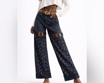Pantalones de mezclilla reciclada y algodón orgánico con estampado floral, pantalones anchos estilo boho únicos, pantalones sostenibles hechos a mano, talla S