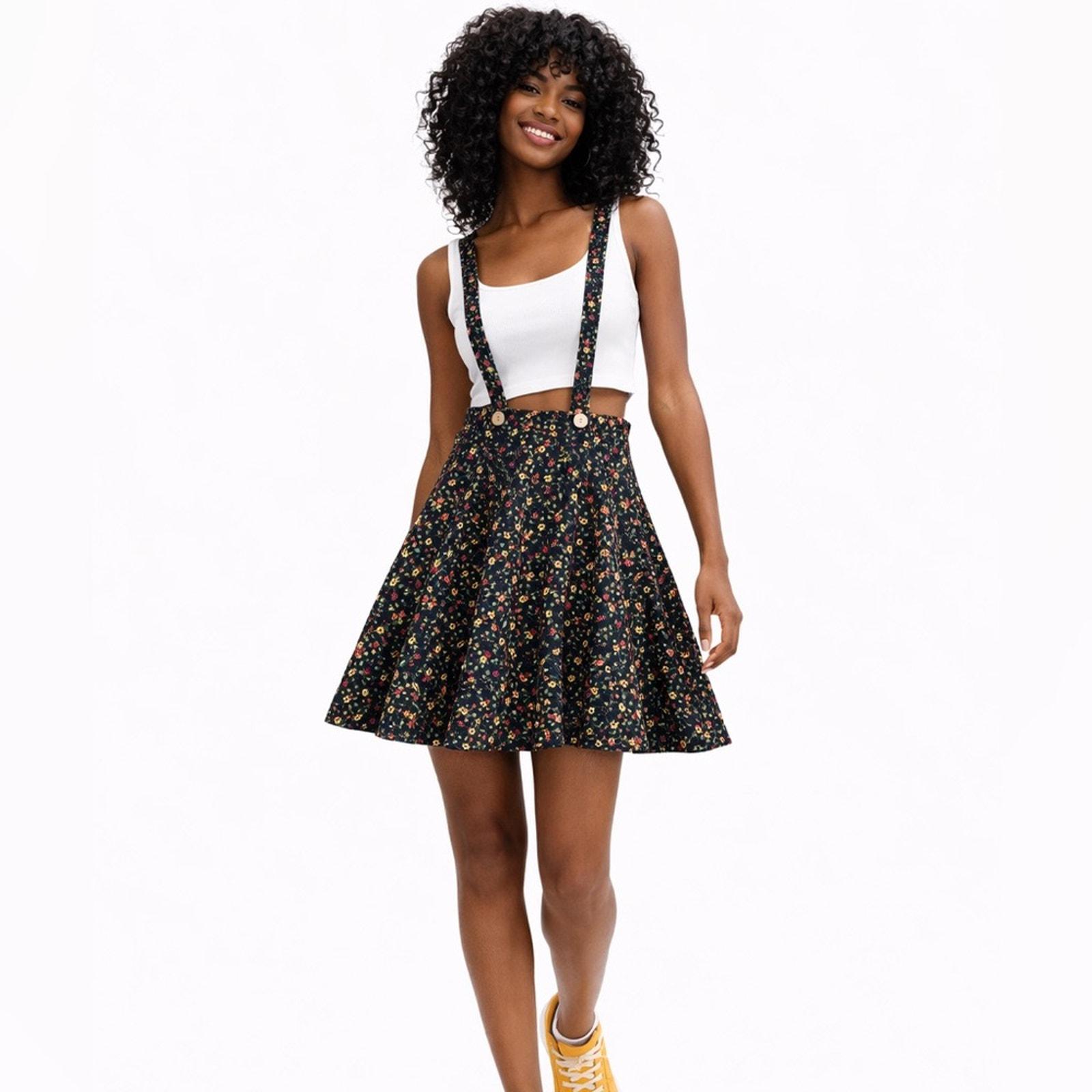flannel skater dress Floral Pinafore Dress Cotton Flannel Skater Dress Cottagecore Suspender Skirt Dress Black Boho Layering Four Seasons Outfit Mini Dress