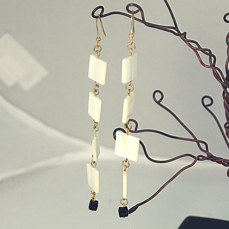 Natural Abalone Dangle Earrings Mother of Pearl Earrings Ivory Statement Earrings Glowing White and Gold Dangle EarringsGifts for Her