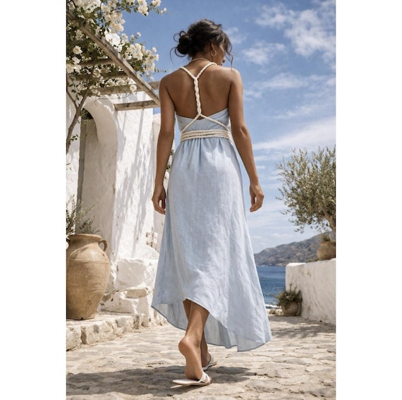 ice blue wrap dress Greek Goddess Linen Convertible Halter Boho Maxi Dress Adjustable Backless Summer Dress Mediterranean Style Fits S M L This floral maxi dress Collection:Springbreak Black And Red Gothic Select your size:13.5