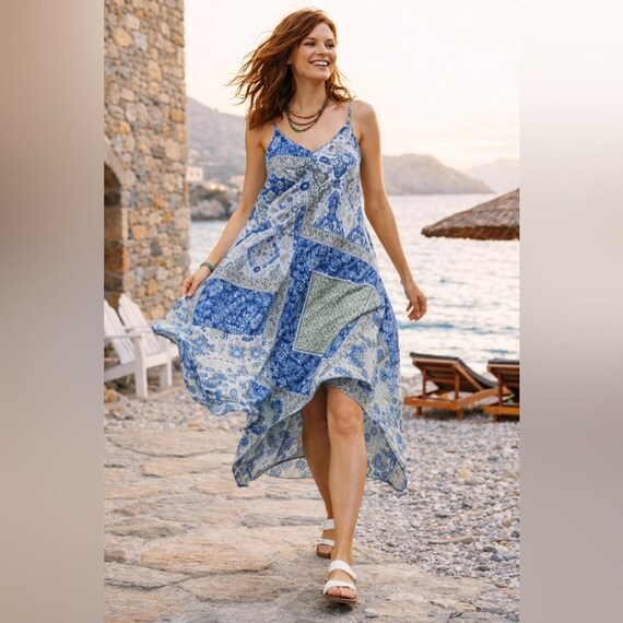 patchwork boho midi dress Midi Dress with Unique Patchwork Design Denim / Medium