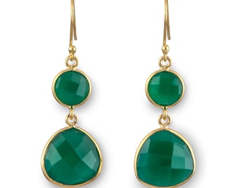 Orecchini pendenti lunghi rotondi e triangolari in argento sterling placcato oro con pietra semipreziosa in onice verde