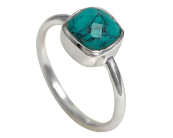 Faceted Square Cut Natural Turquoise Gemstone Sterling Silver Stackable Solitaire Ring
