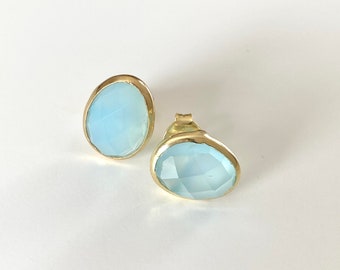Aqua Chalcedony Gold Plated Sterling Silver Stud Earrings with a Faceted Organic Elliptical Shaped Gemstone