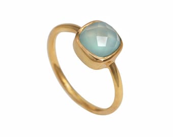 Faceted Square Cut Natural Aqua Chalcedony Gemstone Vermeil Gold Plated Sterling Silver Stackable Solitaire Ring