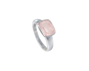 Rose Quartz Statement Solitaire Sterling Silver Stacking Ring with a Faceted Rectangular Cut Natural Gemstone