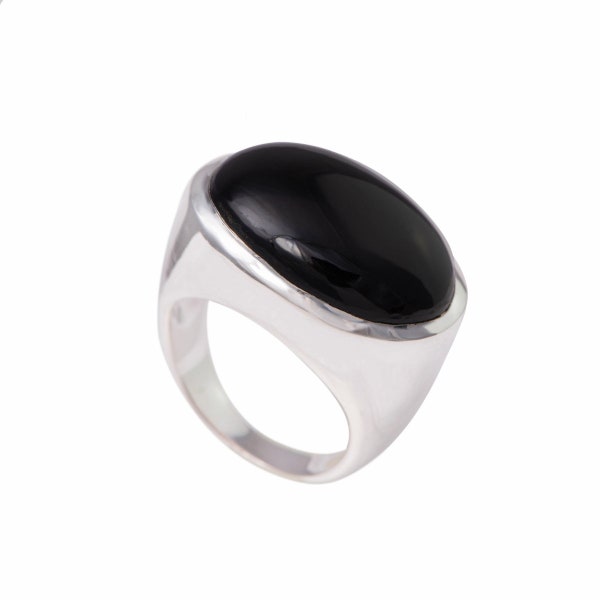 Black Onyx Ring in Sterling Silver with a Large Statement Oval Shaped Cabochon Cut Gemstone