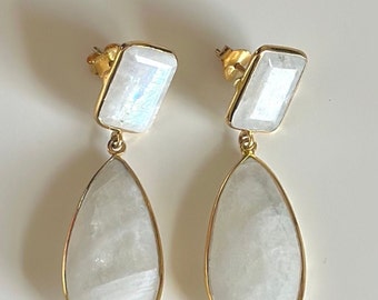 Gold Plated Sterling Silver Long Statement Earrings with a Rectangle Stone and Long Pear Shaped Stone Drop in Moonstone