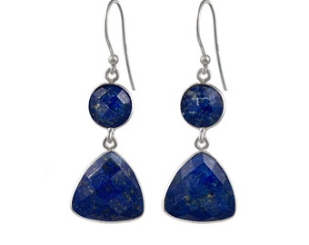 Lapis Lazuli Long Earrings in Sterling Silver with Round and Triangular Gemstones