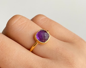 Faceted Square Cut Natural Amethyst Gemstone Gold Plated Sterling Silver Stackable Solitaire Ring