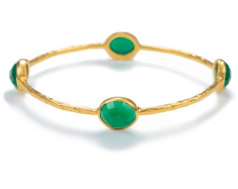 Green Onyx Stacking Bangle in Vermeil Gold (18k Gold Plated Sterling Silver) - 4 Oval Shaped Gemstones Bracelet
