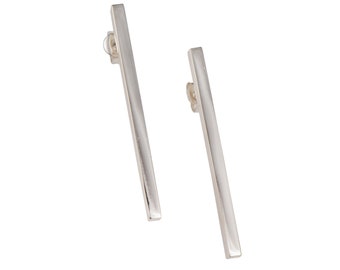 Sterling Silver Long Cuboid Shaped Straight Bar Earrings