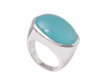 Bague Réglable En Argent Sterling 925 Plaqué - Avec Pierre D'onyx Vert Créée En Labo - Bijou Fait Main