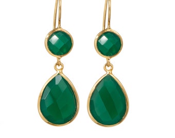 Orecchini a goccia in argento placcato oro con pietra preziosa in onice verde