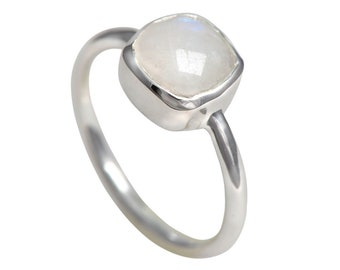 Faceted Square Cut Natural Moonstone Gemstone Sterling Silver Stackable Solitaire Ring