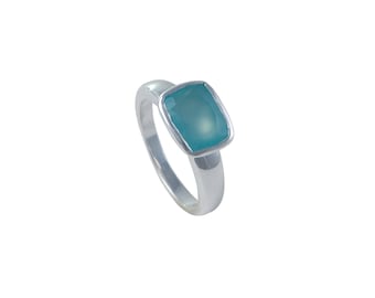 Aqua Chalcedony Statement Solitaire Sterling Silver Stacking Ring with a Faceted Rectangular Cut Natural Gemstone