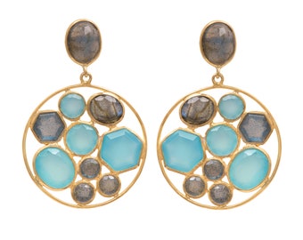 Aqua Chalcedon und Labradorit vergoldete Sterling Silber Statement Ohrringe mit einem runden Disc Drop mit natürlichen Edelsteinen