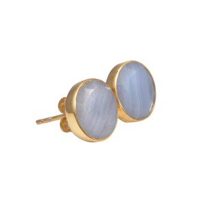 Blue Laced Agate Studs in Gold Plated Sterling Silver with a Round Faceted Gemstone