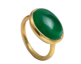 Green Onyx Gold Plated Statement Solitaire Sterling Silver Ring with Cabochon Oval Cut Gemstone