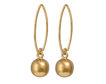 May include: A pair of gold hoop earrings with a small, round gold ball dangling from each hoop.
