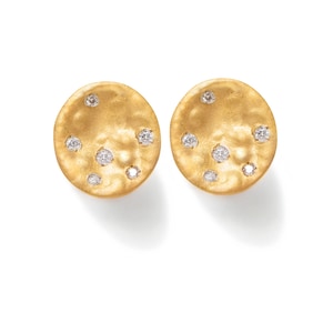 Diamond and 9k Gold Stud Earrings with a textured round disc shape