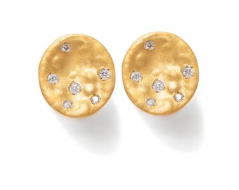 Diamond and 9k Gold Stud Earrings with a textured round disc shape