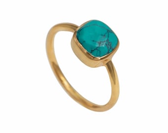 Faceted Square Cut Natural Turquoise Gemstone Gold Plated Sterling Silver Stackable Solitaire Ring