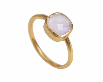 Faceted Square Cut Natural Moonstone Gemstone Gold Plated Sterling Silver Stackable Solitaire Ring