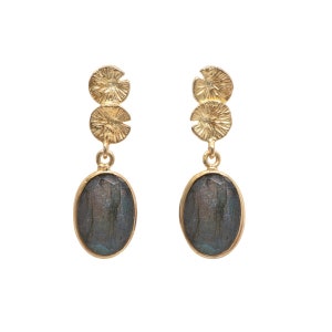 Labradorite & Gold Plated Sterling Silver Drop Earrings with Stud fastening and a Design with Two Overlapping Lily Pads and a Gemstone Drop
