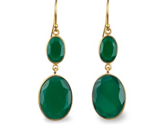 Green Onyx Gemstone Earrings in Gold Plated Sterling Silver - Long Oval Drop