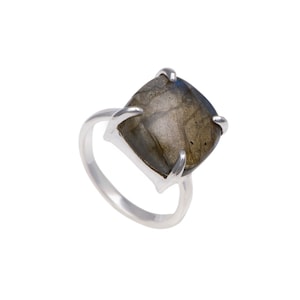 Sterling Silver Labradorite Ring with a Square Shape Cabochon Cut Gemstone in a Bold Four Claw Solitaire Setting