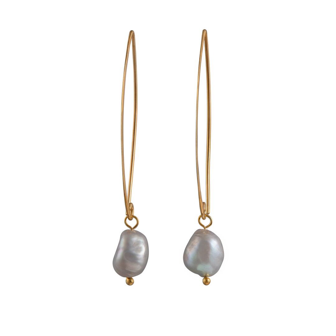 Long Gold Plated Silver Earrings With Grey Pearl Drop - Etsy UK