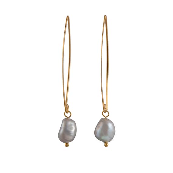Long Gold Plated Silver Earrings With Grey Pearl Drop 