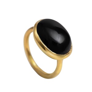 Cabochon Oval Cut Natural Black Onyx Gemstone Gold Plated Statement Solitaire Sterling Silver Ring