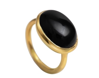 Cabochon Oval Cut Natural Black Onyx Gemstone Gold Plated Statement Solitaire Sterling Silver Ring