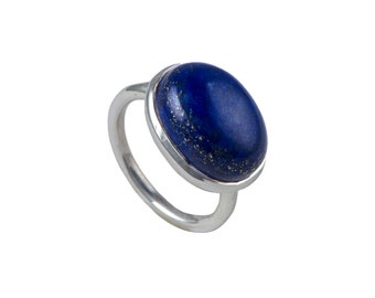 Lapis Lazuli Statement Solitaire Sterling Silver Ring with Cabochon Oval Cut Gemstone