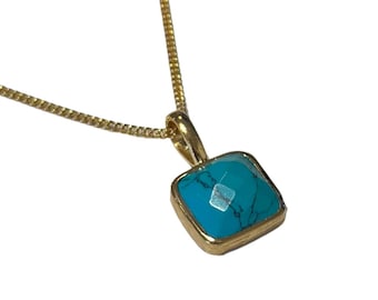 Turquoise Pendant Necklace in Gold Plated Sterling Silver with a Faceted Square Shaped Gemstone