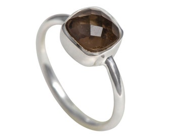 Smoky Quartz Silver Ring - Stackable Solitaire Sterling Silver Ring with a Faceted Square Cut Natural Smoky Quartz Gemstone, Greyish Brown