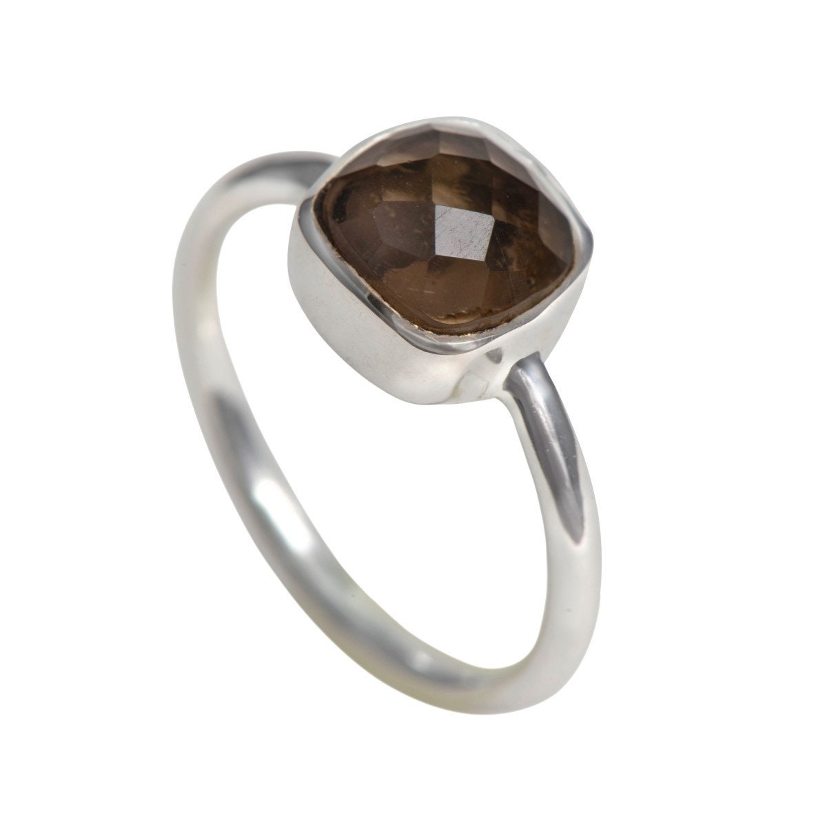 Smoky Quartz Silver Ring - Stackable Solitaire Sterling Silver Ring with a Faceted Square Cut Natural Smoky Quartz Gemstone, Greyish Brown