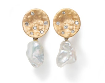 Gold Earrings in 9k Yellow Gold with White Pearl Drop and Diamonds