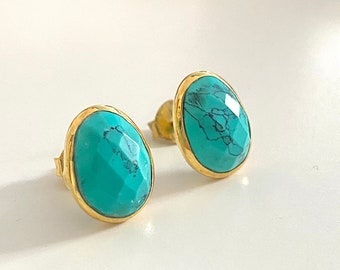 Turquoise Gold Plated Sterling Silver Stud Earrings with a Faceted Organic Elliptical Shaped Gemstone