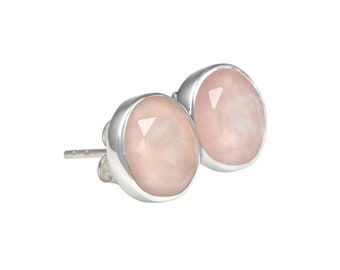 Pendientes de cuarzo rosa en plata de ley con piedra preciosa facetada redonda