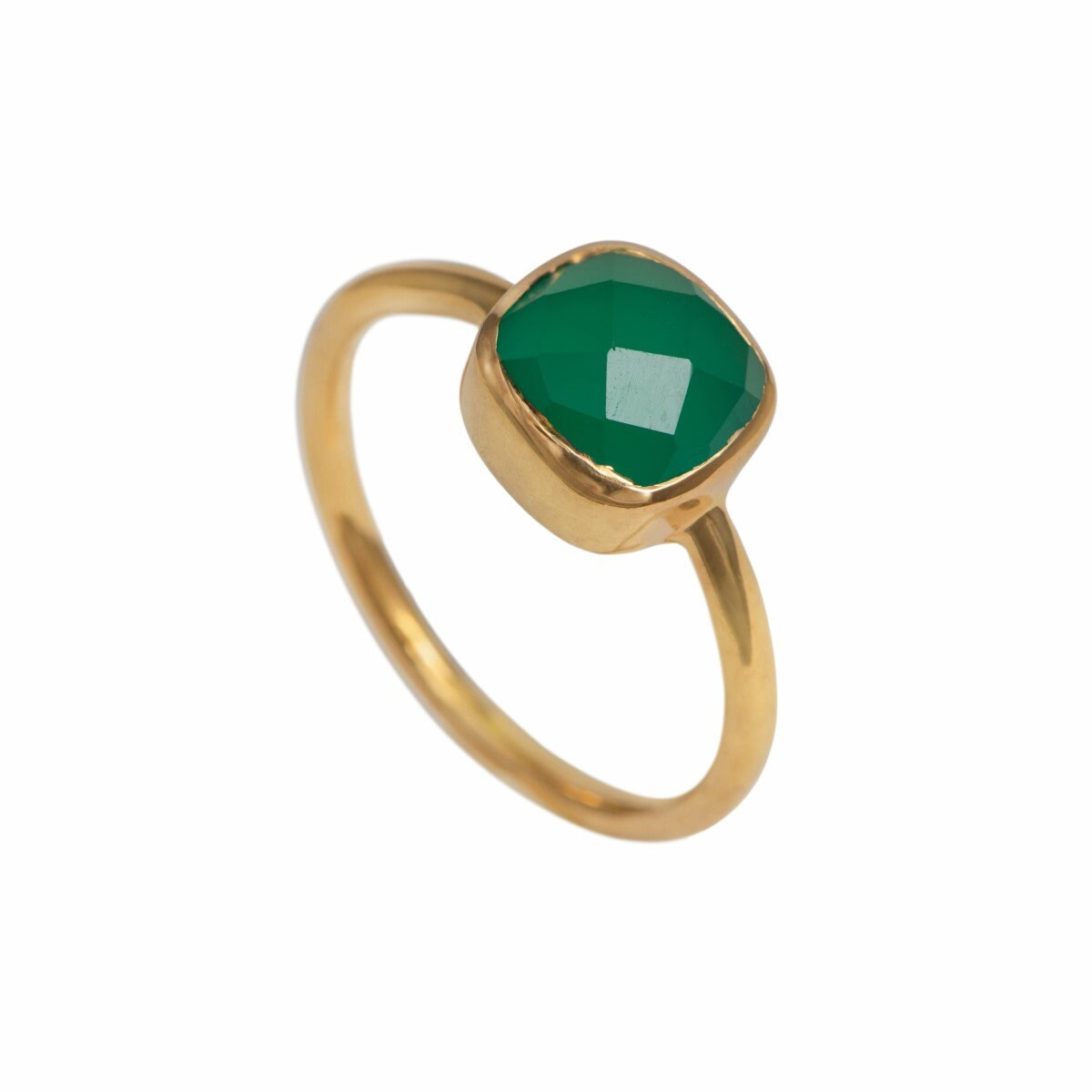Facettierter Quadratschliff-natürlicher grüner Onyx-Edelstein-vergoldetes Sterlingsilber-stapelbarer Solitärring