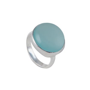 Statement Aqua Chalcedony Ring in Sterling Silver with Round Cabochon Cut Gemstone, Large Solitaire Stone Ring