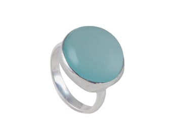 Statement Aqua Chalcedony Ring in Sterling Silver with Round Cabochon Cut Gemstone, Large Solitaire Stone Ring