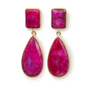 Gold Plated Sterling Silver Long Earrings with Rectangle Stone and Long Pear Shaped Stone Drop In Ruby Pink Quartz