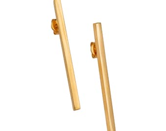 Gold Plated Sterling Silver Long Cuboid Shaped Straight Bar Earrings