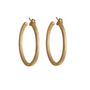 Large Brushed Gold Plated Sterling Silver Hoops with Flat Square Edge