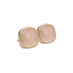 Square Rose Quartz Gold Stud Earrings in Gold Plated Sterling Silver with a Faceted Gemstone